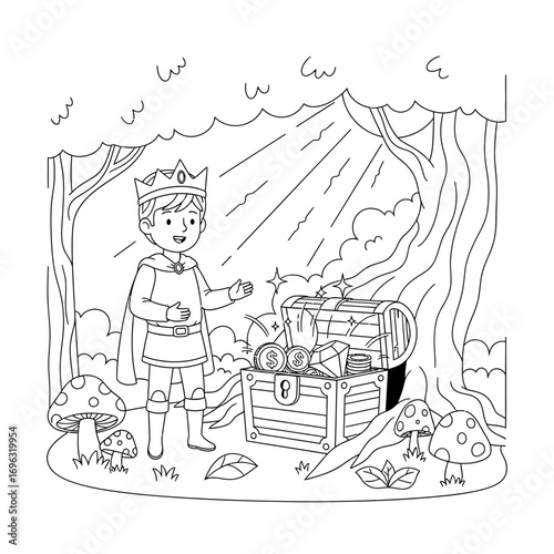 Brave Prince Treasure Hunt with a Hidden Chest Black and White Kids Coloring Activity