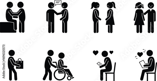 Two people communicating and supporting each other, friendship and care, social interaction, empathy, kindness, wheelchair assistance, positive relationship