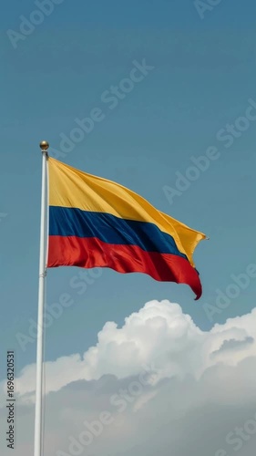 Colombian Flag Waving in the Blue Sky with Clouds