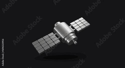 Illustration of a satellite with solar panels on a black background, orbiting earth