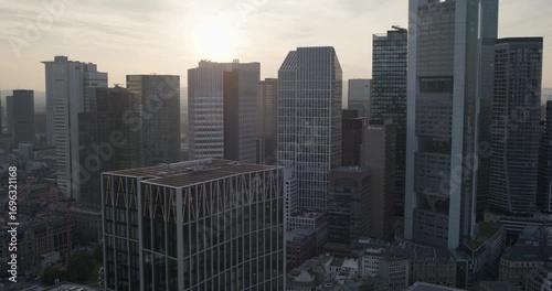 aerial drone view of frankfurt skyscrapers at sunset