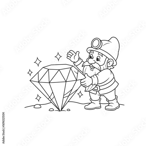 Dwarf Miner Discovery of a Sparkling Gem Black and White Line Art Coloring Fun