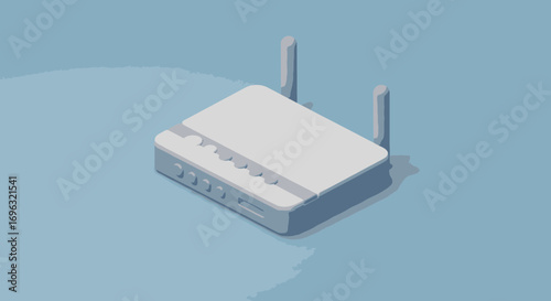 Isometric Wireless Router Illustration with Antenna on a Blue Background