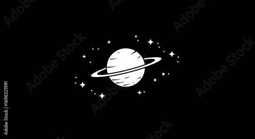 Minimalist illustration of a ringed planet and stars against a black background