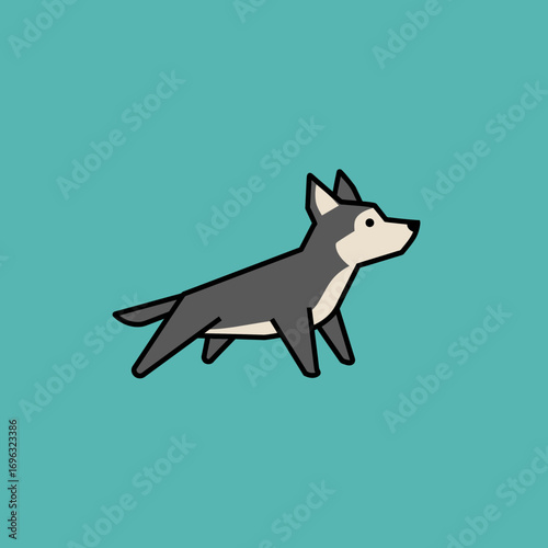 Simple illustration of husky dog in geometric shapes against a teal background