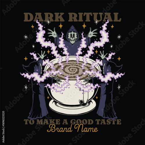 Fotografie Retro Cartoon Skeleton Mages Coffee Ritual