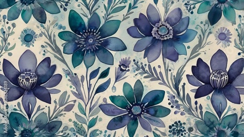Wallpaper Mural Elegant watercolor grunge pattern with blue and purple floral motifs. Hand-painted botanical elements with a textured vintage background for artistic and decorative use. Torontodigital.ca