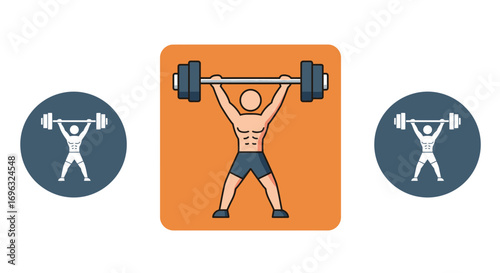 Weightlifting vector illustration, strong man lifting barbell in gym fitness concept