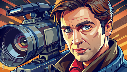 Close-up portrait of male filmmaker holding video camera. Isolated background conveys creativity, vision, and cinematic artistry.