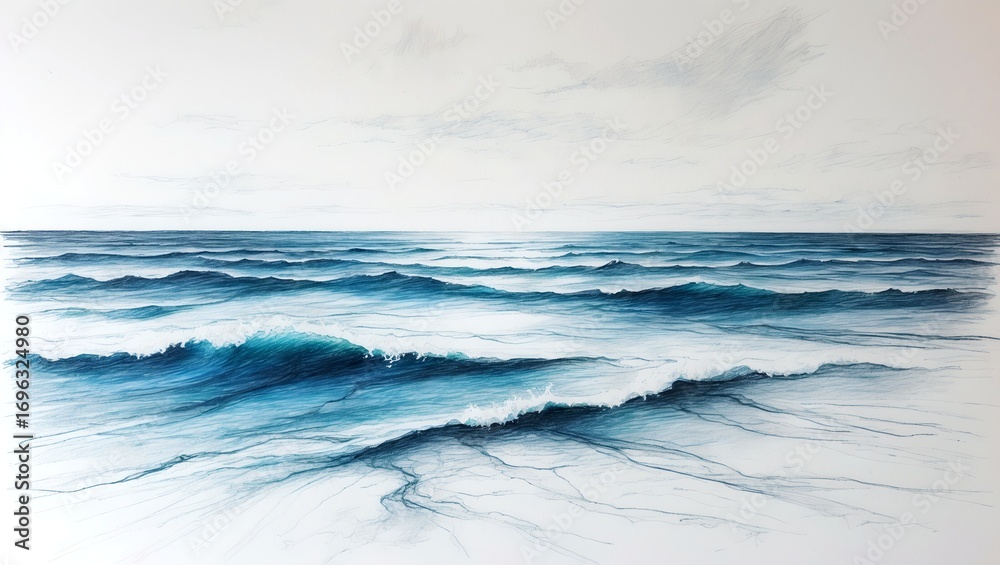 Obraz premium a serene watercolor of the ocean, waves crashing gently with subtle hues of blue and grey. The artwork evokes a sense of calm and tranquility
