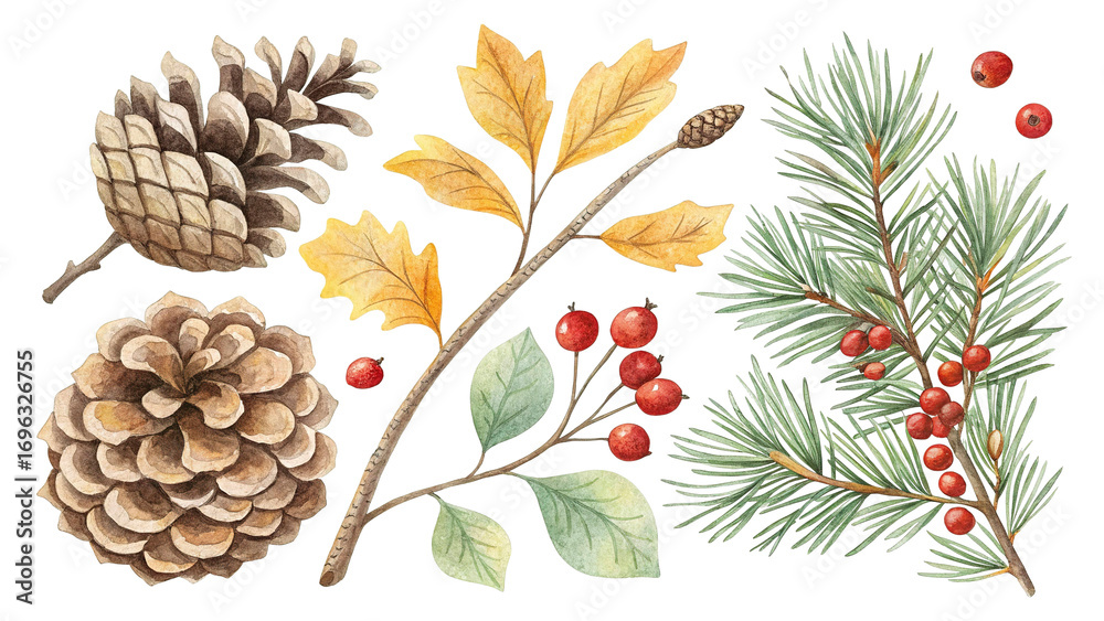Fototapeta premium Watercolor pinecone cluster with branches and winter berries. Transparent background.