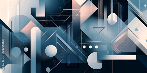 Elegant geometric abstraction with soft blue and pink hues creating depth.