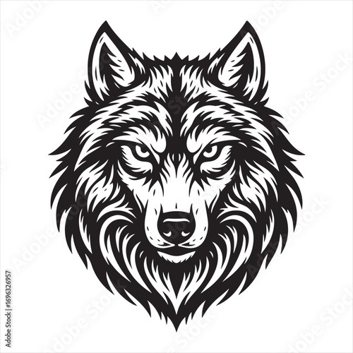 Intense wolf head illustration black and white graphic design