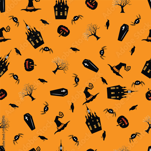 Seamless Halloween Pattern with Haunted Houses and Spooky Icons
