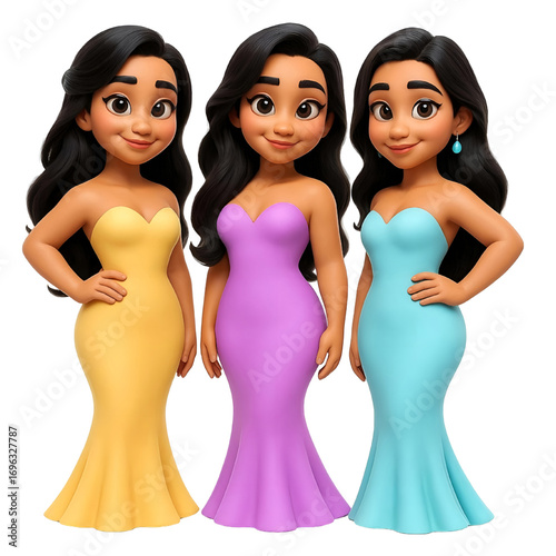 Three Women With Long Dark Hair Wearing Strapless Dresses In Yellow And Purple And Blue.eps
