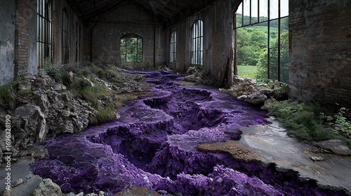  A vast room with numerous purple objects strewn on the floor and multiple windows adorning the walls
