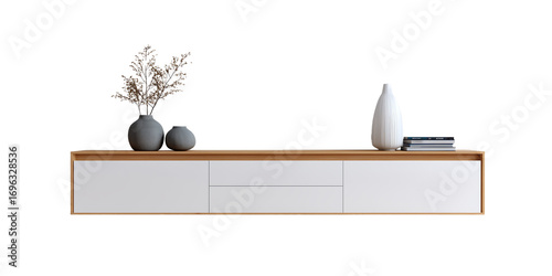 Minimalist Wall-Mounted TV Cabinet with Decorations Isolated on Transparent Background