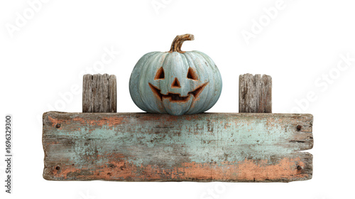 Jack O'Lantern Peeking Out From Behind Old Weathered Sign isolated on a white background