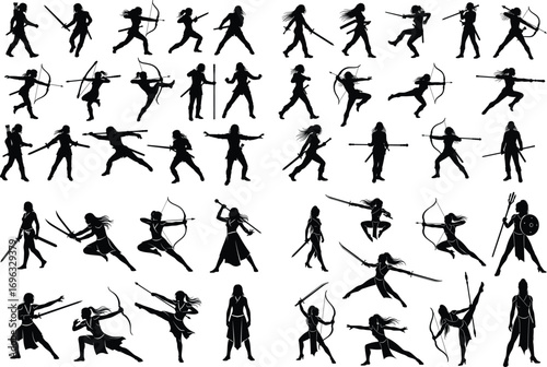 Warrior Women Silhouettes with Bows and Swords – Female Fighter Vector Set, amazon warrior vector, archer woman silhouette.