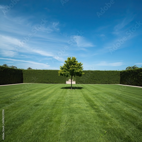 golf course in the morning, tree, green, spring season and sun light, using generative ai