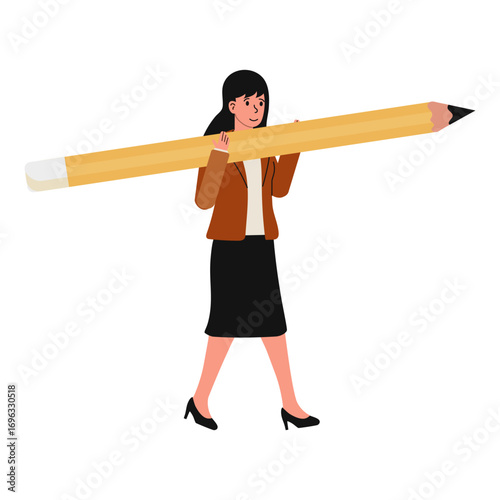 Businesswoman walking with oversized pencil in a creative urban setting during daytime hours