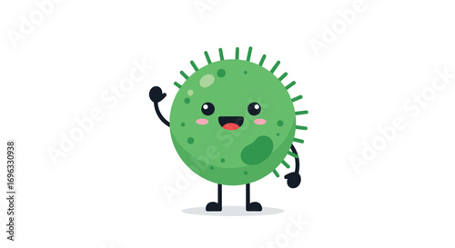 Cute green microbe waving hello friendly cartoon character