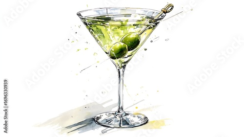 Classic Dry Martini Cocktail Watercolor Illustration