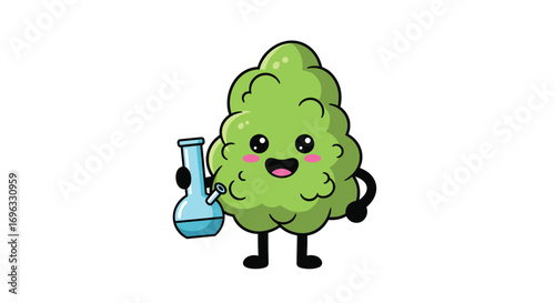 Kawaii cartoon cannabis bud character holding a water bong pipe