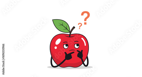 Curious red apple character pondering a question mark over its head