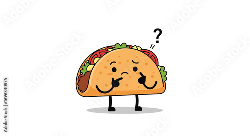 Confused taco character pondering a question with cute cartoon eyes and expression