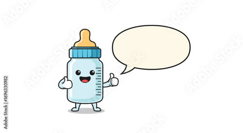 Cute baby bottle character giving thumbs up and talking