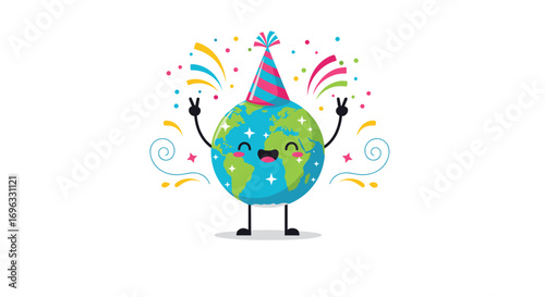 Happy earth character wearing party hat celebrating with confetti and streamers