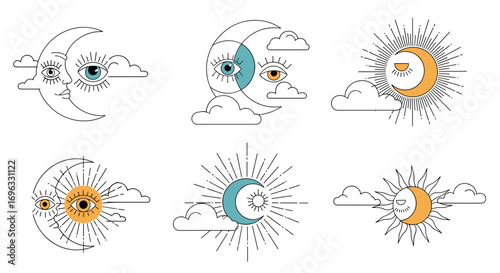 Mystical celestial sun moon stars clouds abstract line art icons set