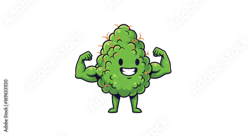 Cute cartoon cannabis bud character flexing its biceps