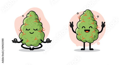 Cute marijuana bud characters in meditation and celebration poses