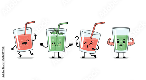 Four cute cartoon drinks expressing different emotions and poses