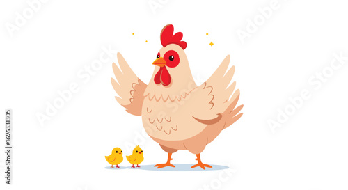 A mother hen protects her two adorable chicks with open wings on a white background