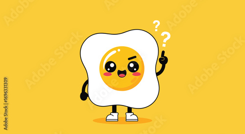 Cute kawaii fried egg character asking a question with a confused expression