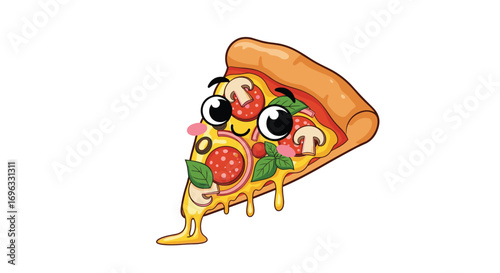 Cute cartoon pizza slice with big eyes and happy face melting deliciously