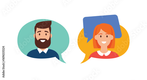 Two people having a conversation with speech bubbles showing communication and dialogue