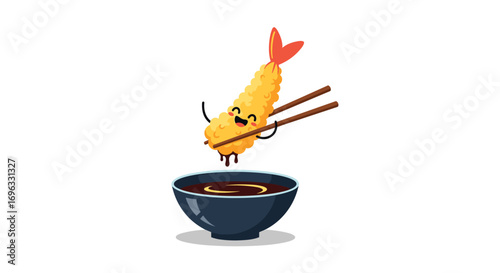 Adorable pixel art shrimp tempura dipping into soy sauce with chopsticks