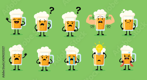 Collection of adorable beer mugs expressing various emotions and feelings
