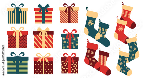 Festive christmas presents and stockings collection for holiday celebrations and gift giving occasions