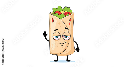 A waving burrito character with sleepy eyes and a friendly smile greets you