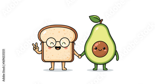 Cute avocado and toast couple holding hands and showing peace sign