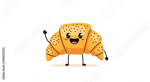 Happy cartoon croissant waving hello with a big smile and cute eyes