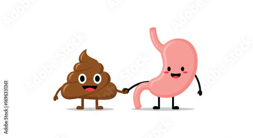 Friendly poop character holding hands with a happy cartoon stomach organ