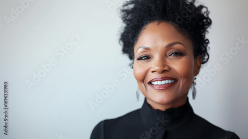 portrait of happy middle aged black woman isolated on white background