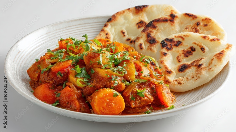 Naklejka premium delicious vegetable curry with naan bread