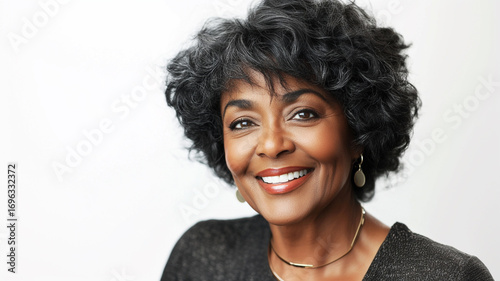 portrait of happy middle aged black woman isolated on white background